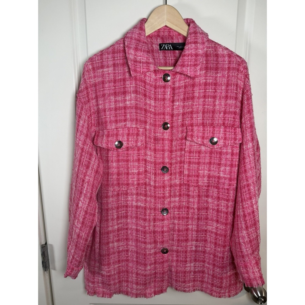 ZARA Pink Plaid Tweed Oversized Shacket Jacket Fringe Hem Size L
